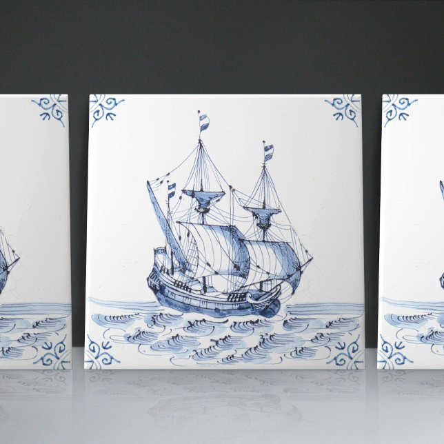 Carreau Bateau à voile Delft Blue Dutch Style Frigate Scho (Créateur téléchargé)