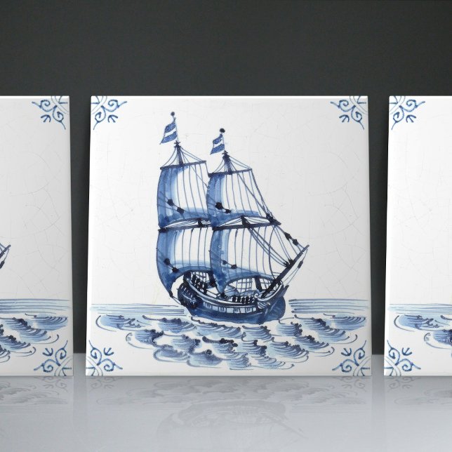 Carreau Bateau à voile Delft Blue Dutch Style Frigate Scho (Créateur téléchargé)