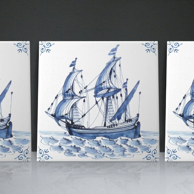 Carreau Bateau à voile Delft Blue Dutch Style Frigate Scho (Créateur téléchargé)