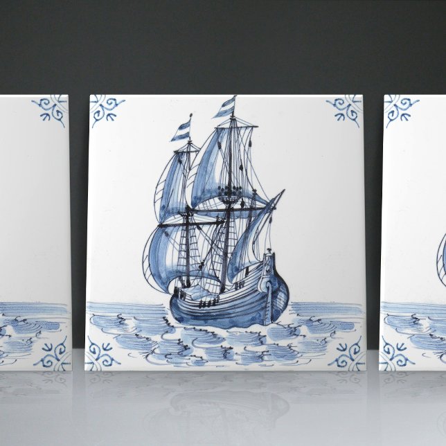 Carreau Bateau à voile Delft Blue Dutch Style Frigate Scho (Créateur téléchargé)