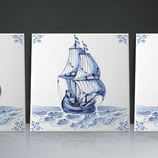 Carreau Bateau à voile Delft Blue Dutch Style Frigate Scho (Créateur téléchargé)