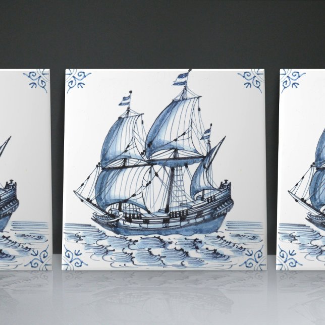 Carreau Bateau à voile Delft Blue Dutch Style Frigate Scho (Créateur téléchargé)