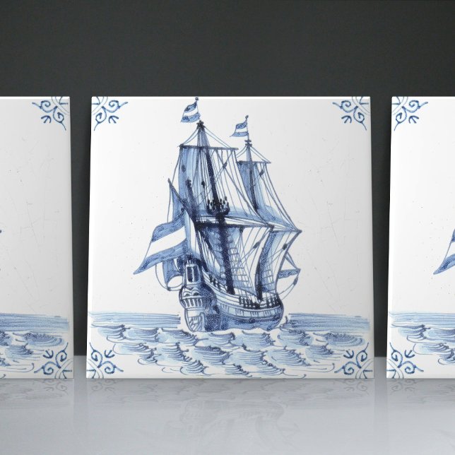 Carreau Bateau à voile Delft Blue Dutch Style Frigate Scho (Créateur téléchargé)