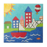 Bateau à voile et ballon à air chaud avec Cityscap