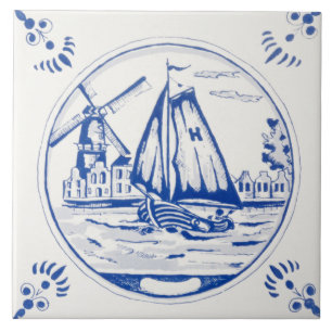 Carreau Bateau à voile moulin à vent néerlandais Delfts Bl