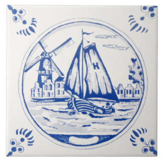 Carreau Bateau à voile moulin à vent néerlandais Delfts Bl
