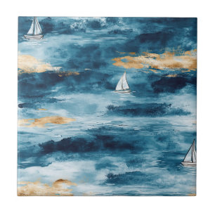Carreau Bateau à voile sarcelle bleu motif vague côtière