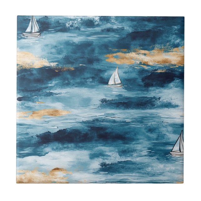 Carreau Bateau à voile sarcelle bleu motif vague côtière (Devant)