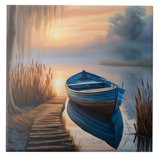 Carreau Bateau bleu rustique au lever du soleil (Devant)