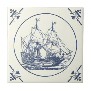 Carreau Bateau classique de mer bleue Vintage sur ivoire