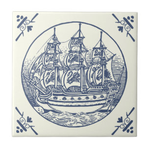 Carreau Bateau classique de mer bleue Vintage sur ivoire