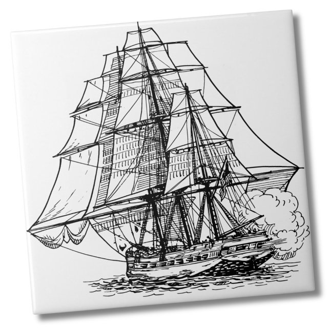 Carreau Bateau simple Nautique Pirate Ship (Simple Black White Nautical Sail Boat Pirate Ship Ceramic Tile)