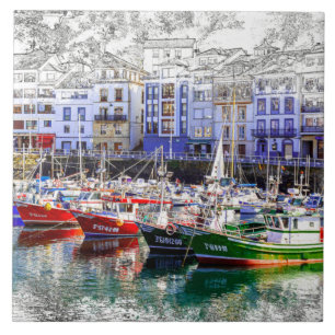Carreau Bateaux de pêche colorés à Luarca, Asturies, Es