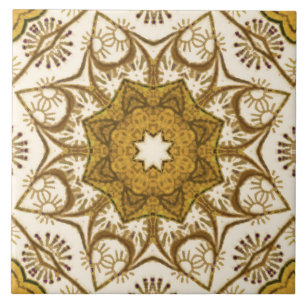 Carreau Batik Mandala Motif Mustard Gold et Crème
