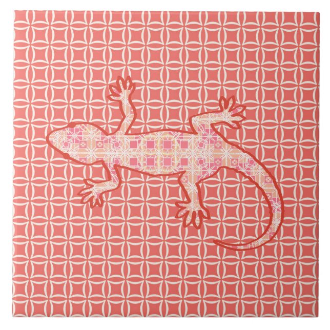 Carreau Batik tribal Gecko - corail rose et crème (Devant)