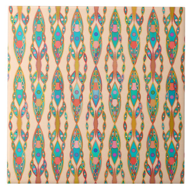 Carreau Batik Tribal - Rose Pêche et Turquoise (Devant)