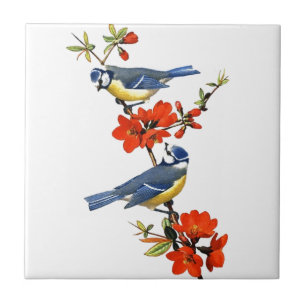 Carreau Beau arbre vintage fleurs rouges oiseaux