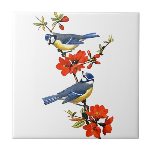 Carreau Beau arbre vintage fleurs rouges oiseaux (Devant)