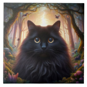 Carreau Beau Chat Noir Fluffy avec des Yeux Dorés