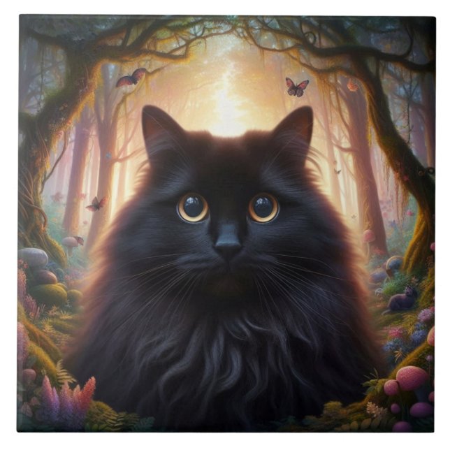 Carreau Beau Chat Noir Fluffy avec des Yeux Dorés (Devant)