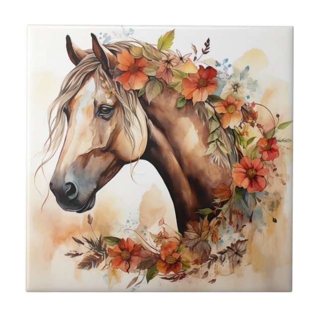 Carreau Beau Cheval aux jolies fleurs Aquarelle (Devant)