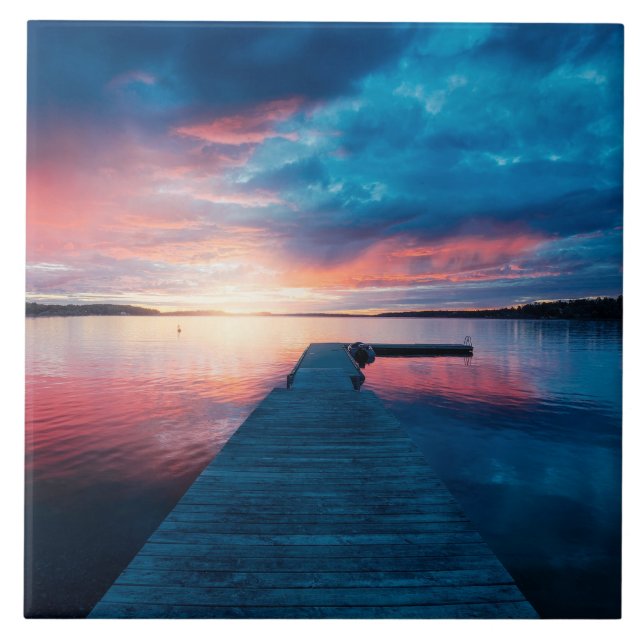 Carreau Beau coucher de soleil sur un lac de Calme (Devant)