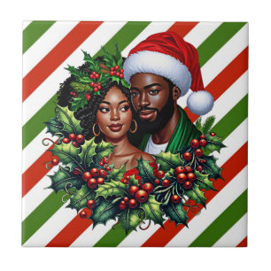 Carreau Beau couple noir art de couronne de Noël de houx