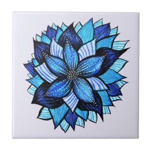 Carreau Beau dessin bleu abstrait d'encre de fleur