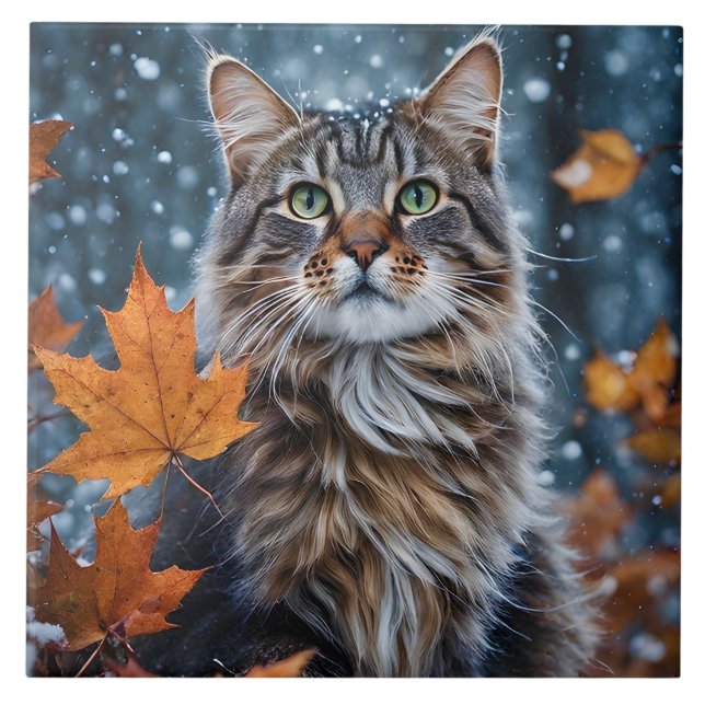 Carreau Beau Gris Tabby Chat Feuilles de Chat Portrait (Devant)