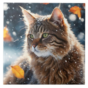 Carreau Beau Gris Tabby Chat Feuilles de Chat Portrait