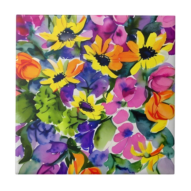 Carreau Beau motif floral, jaune vif et rose, (Devant)