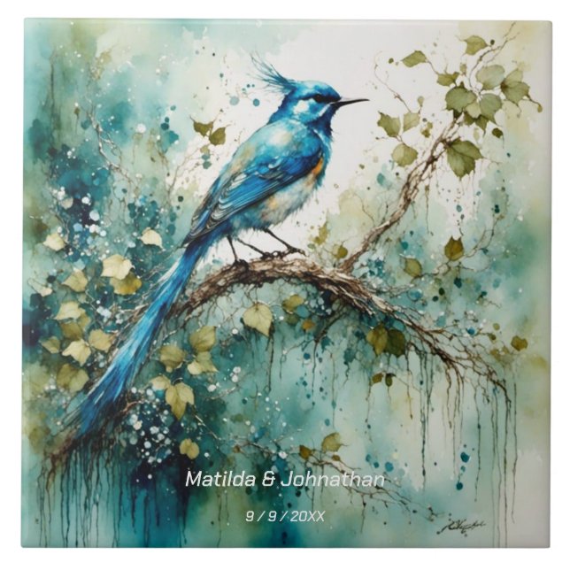 Carreau Beau Oiseau Bleu. Noms et Mariage Date modifiable (Devant)