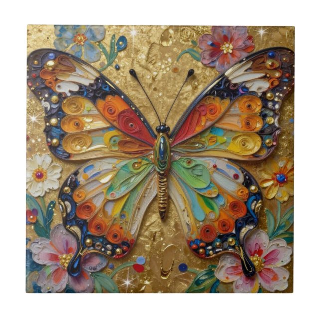 Carreau Beau Papillon et Fleurs en Impasto   (Devant)
