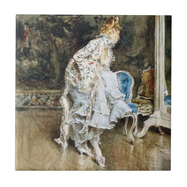 Carreau Beauté à la mode s'admirant dans le miroir (Devant)