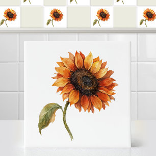 Carreau Beauté automnale à l'aquarelle Tournesol floral or