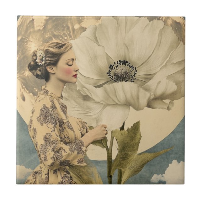 Carreau Beauté Lune - Femme avec Fleur Blanche et Lune (Devant)