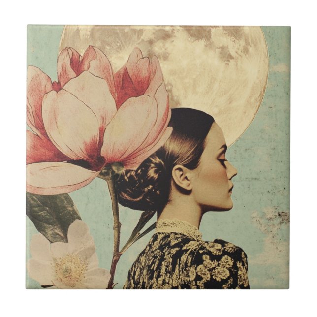 Carreau Beauté Lune - Femme avec Fleur Rose et Lune (Devant)