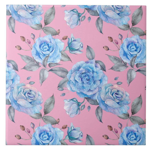 Carreau Beaux roses bleus, arrière - plan rose pastel, (Devant)