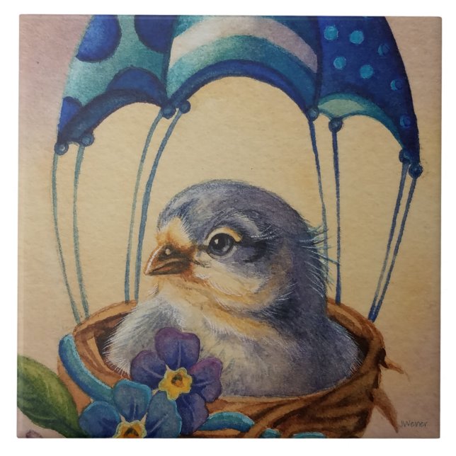 Carreau Bébé oiseau flambant bleu Parachute Aquarelle Art (Devant)