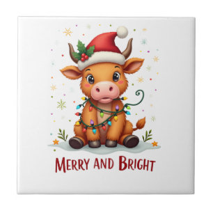 Carreau Bébé vache des Highlands mignon Lumières de Noël J