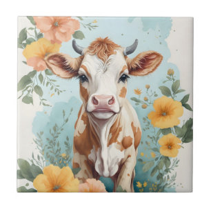Carreau Bébés mignons animaux   Vache adorable Fleur de ve