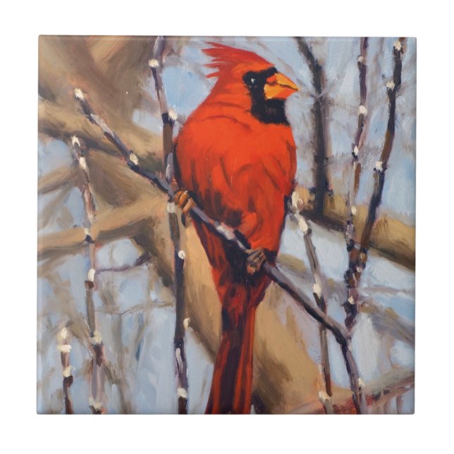Carreau Belle Cardinal Rouge Oiseau dans un Arbre Dénudé (Devant)