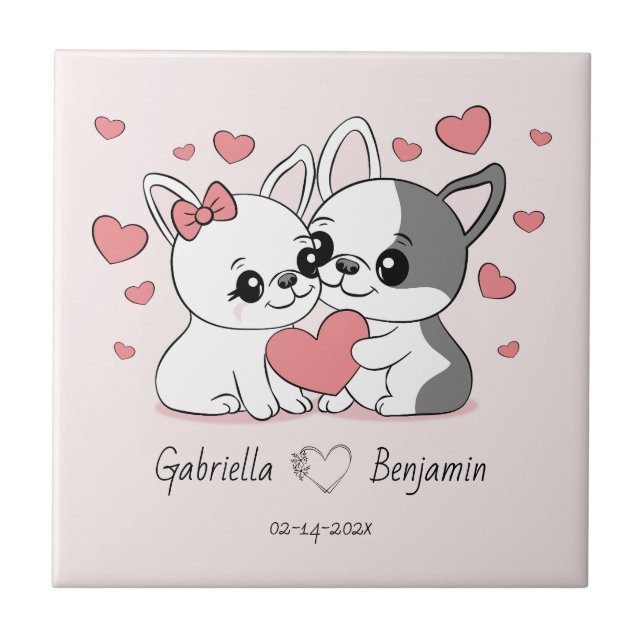 Carreau Belle Cartoon Bulldogs Les amoureux Coeur Saint-Va (Devant)