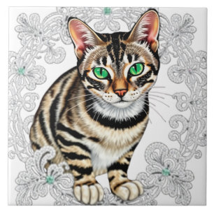 Carreau Belle Chat Bengale en Arrière - plan de dentelle