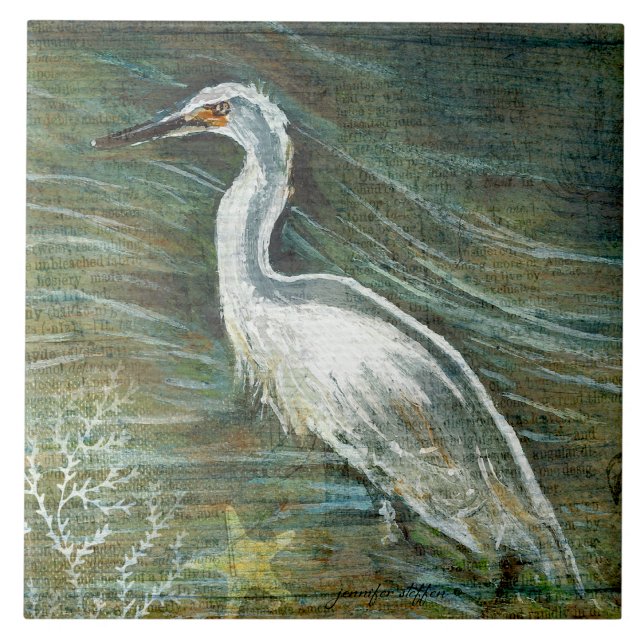 Carreau Belle Egret Shorebird Wading In Water Art (Gorgeous Egret Shorebird Wading Water ceramic tile from Jenn's Emporium.)