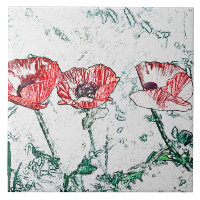 Carreau Belle esquisse de trois fleurs de pavot rouges (Devant)