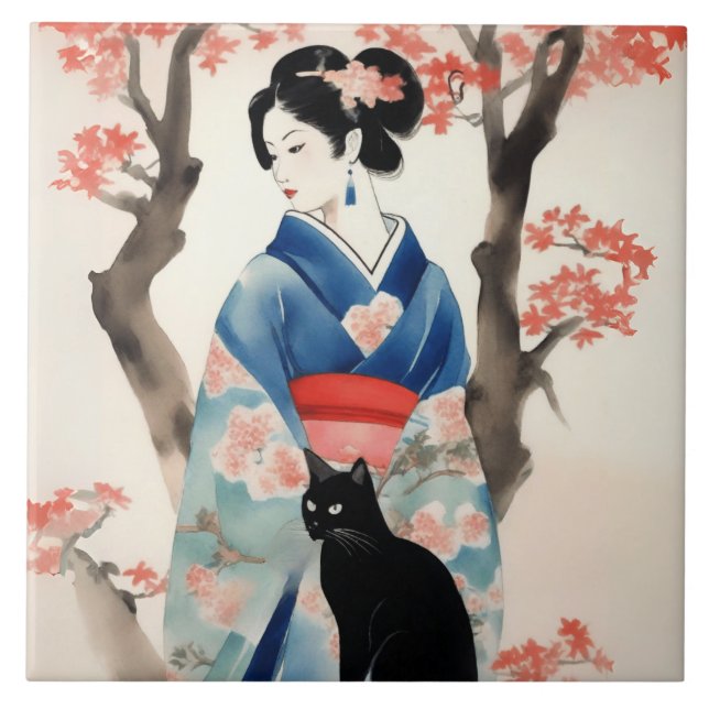 Carreau Belle fille japonaise avec un chat noir (Devant)