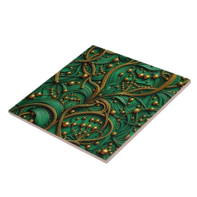 Carreau Belle Florale Verte et Dorée et Abstrait de Perles (Côté)