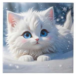 Carreau Belle Fluffy Blanc Chat Bleu Yeux Pink Cheeks