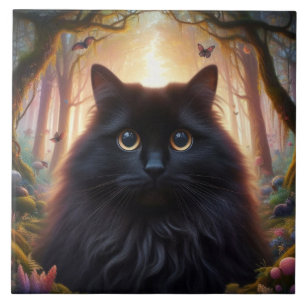 Carreau Belle Fluffy Chat Noir avec yeux or